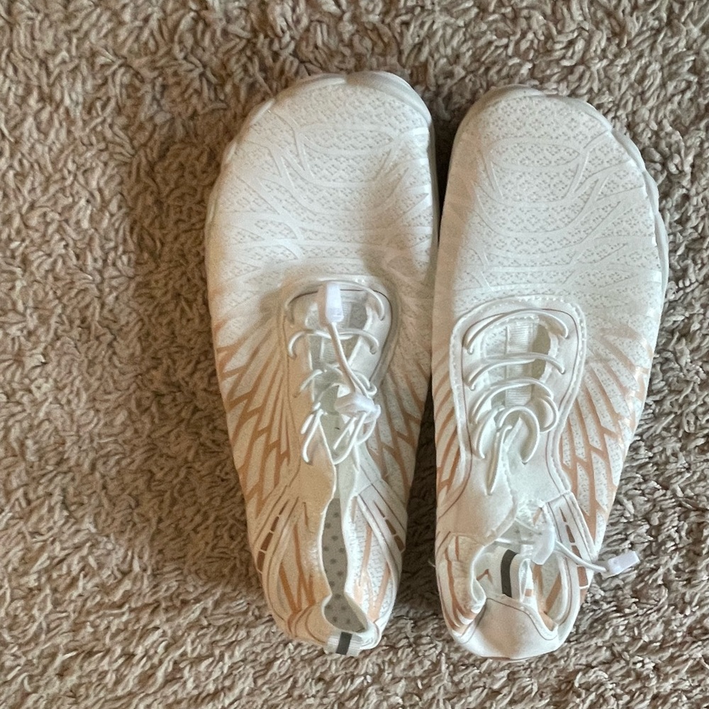 White and Tan Lace-Up Barefoot Sneakers